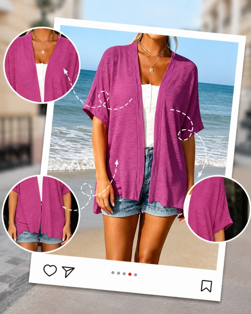 Airy Lightweight Short-Sleeve Open-Front Cardigan