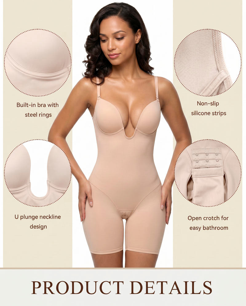 Women's U-Plunge Strapless Bodysuit Shapewear with Tummy Control, Built-In Bra and Low Back
