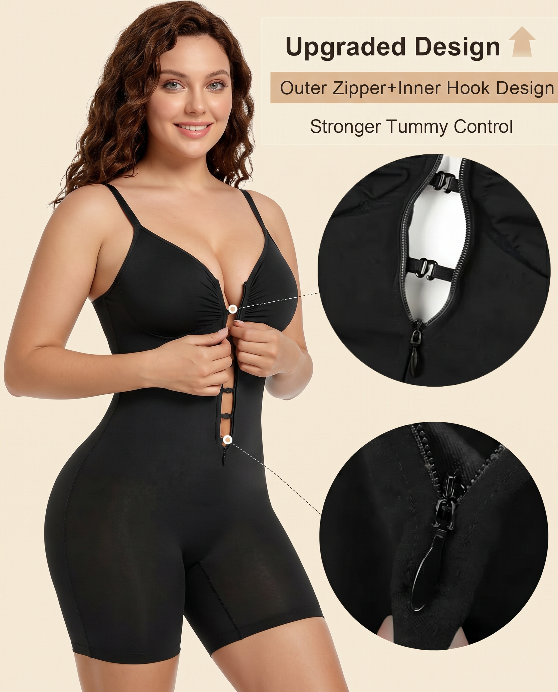 Women's Ultra-Stretch Zipper Shapewear with Adjustable Straps, Breathable Mesh for Tummy Control Body Shaper