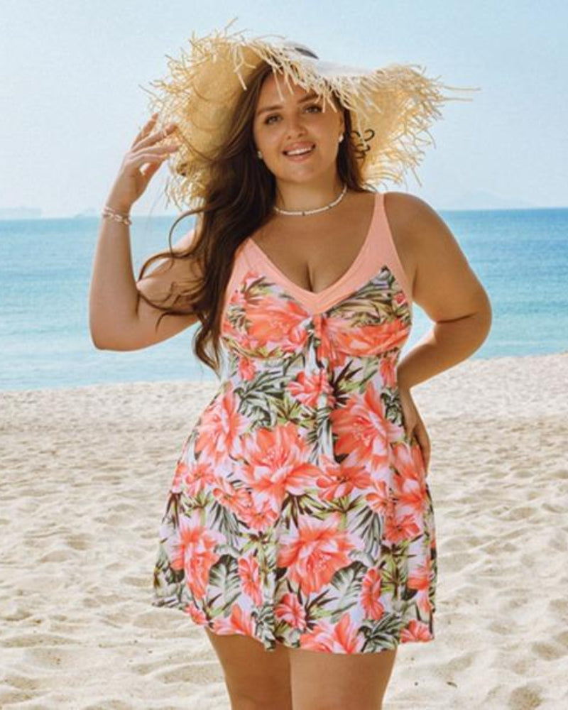 Plus Size Women's Two-Piece Swim Dress with Tummy Control - Floral Print Tankini Swimsuit Set with Boyshort Bottoms