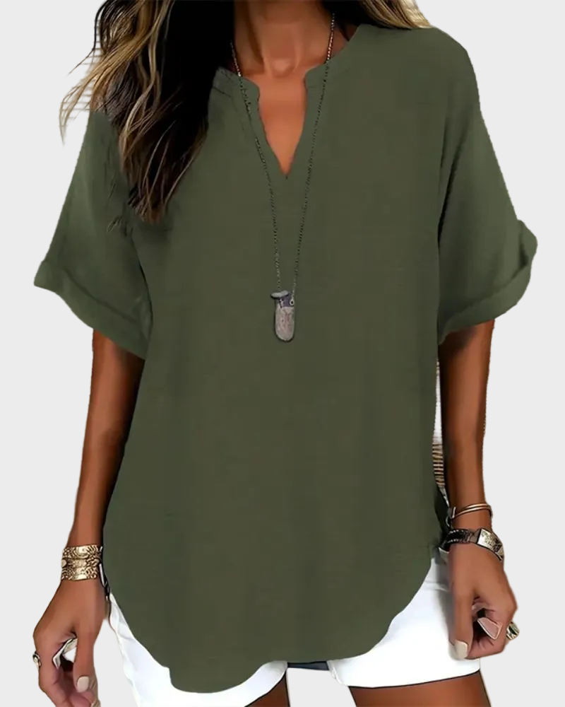 Effortless V-Neck Relaxed-Fit Short-Sleeve Blouse