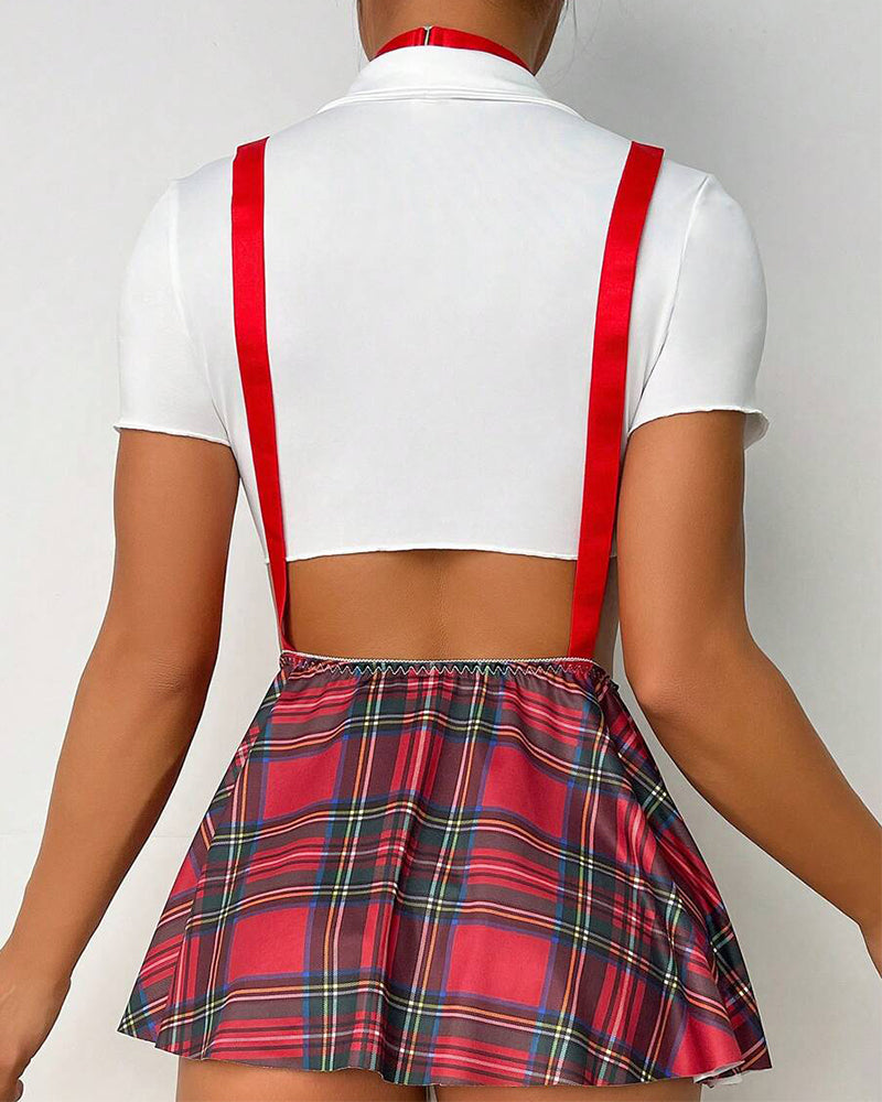 Alluring Plaid Suspender Skirt Set with Matching Panties