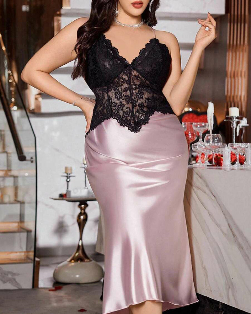 Sultry Plus-Size Satin Lace Slip Nightgown