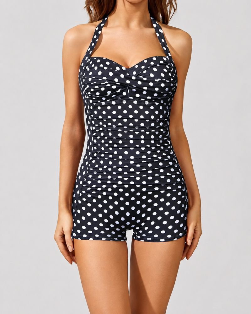 Retro Halter Tummy Control Boyleg One-Piece Swimsuit Main image