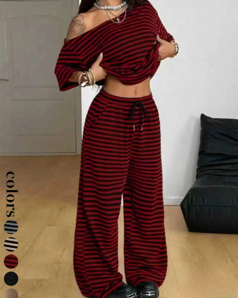 Chic Striped Off-Shoulder Two-Piece Set with Wide-Leg Pants