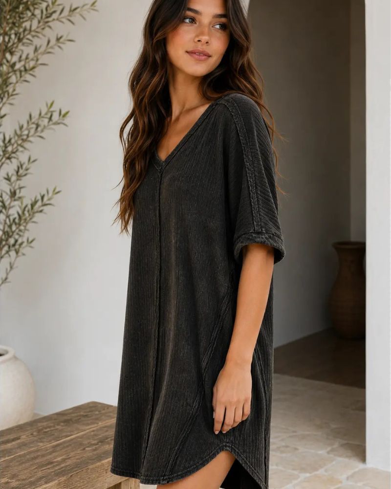 Ribbed Acid-Wash V-Neck Oversized Casual Dress — Effortless Everyday Style Secondary image