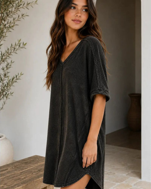 Ribbed Acid-Wash V-Neck Oversized Casual Dress — Effortless Everyday Style