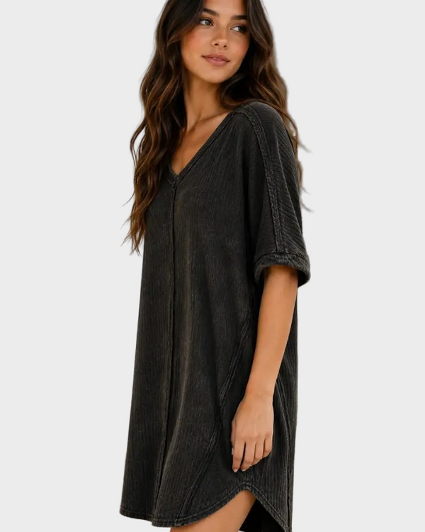 Ribbed Acid-Wash V-Neck Oversized Casual Dress — Effortless Everyday Style
