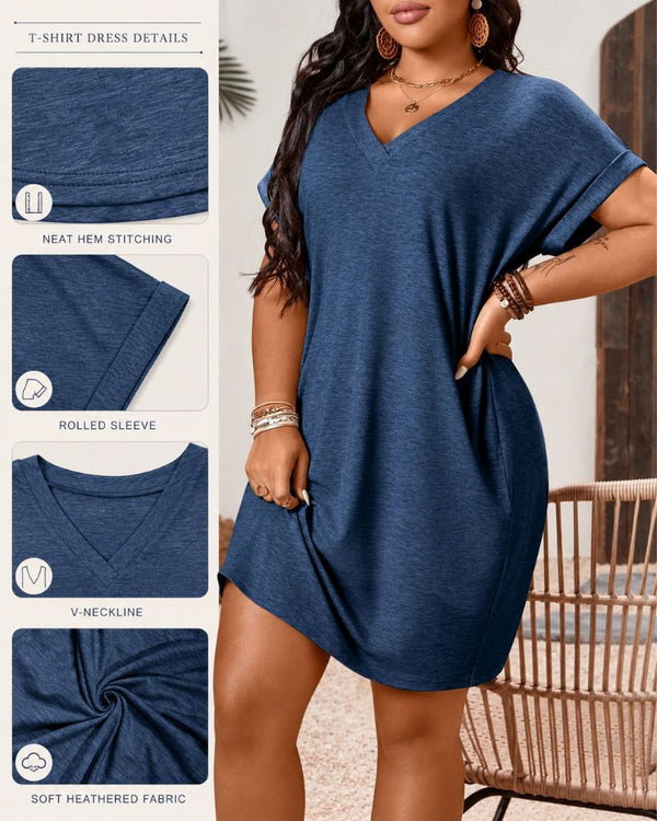 Chic Plus-Size V-Neck Batwing Sleeve T-Shirt Dress
