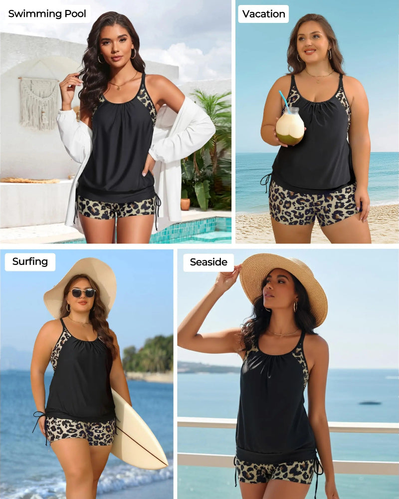 Flattering Two-Piece Blouson Tankini Swimsuit with Boyshorts