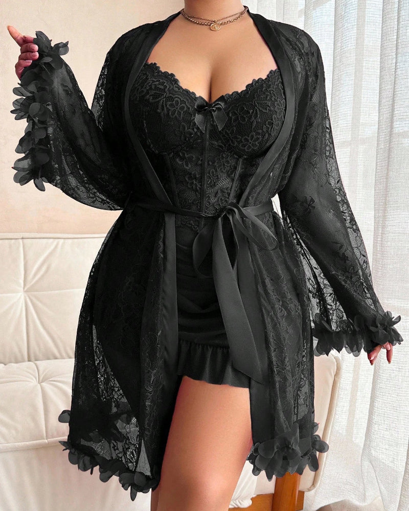 Plus-Size Lace Cami Nightgown Set with Floral Lace Trim and Sheer Robe with Wide Sleeves