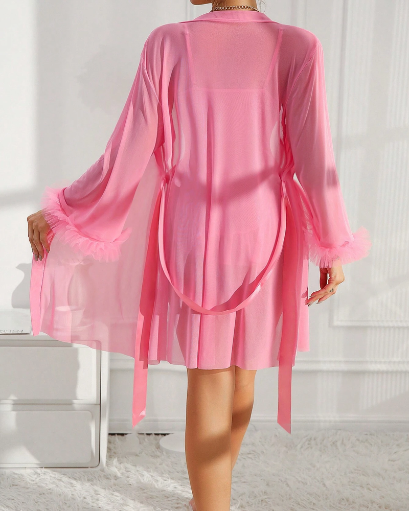 Lace Cami Nightgown with Floral Lace Trim & Sheer Robe with Wide Sleeves