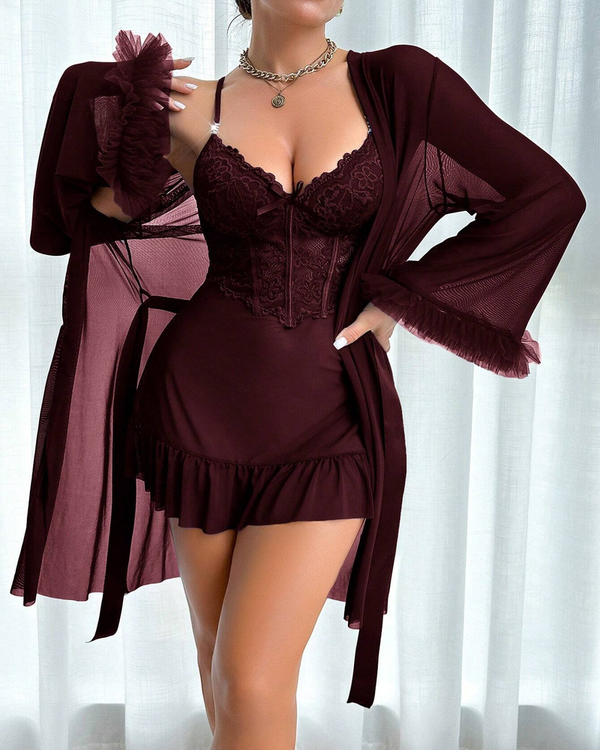 Lace Cami Nightgown with Floral Lace Trim & Sheer Robe with Wide Sleeves