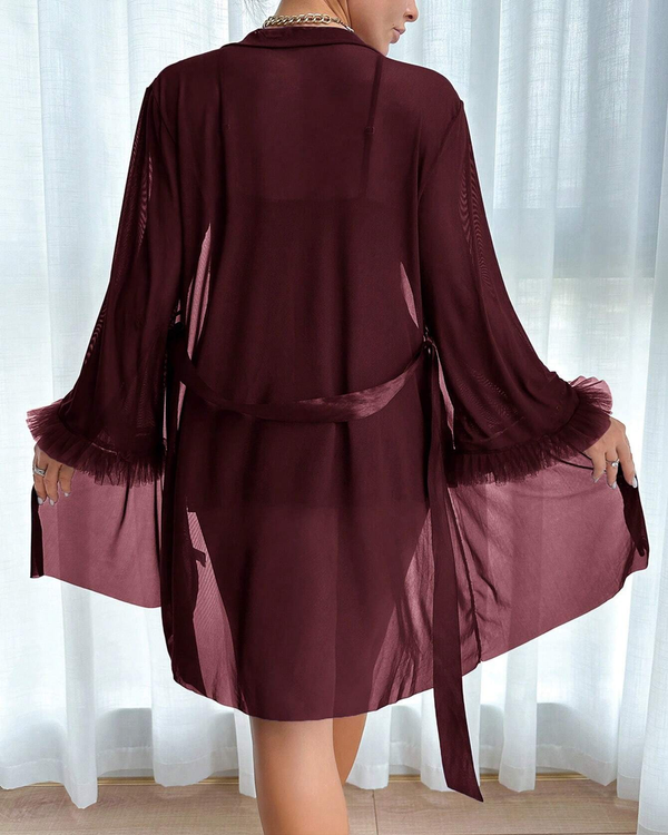 Lace Cami Nightgown with Floral Lace Trim & Sheer Robe with Wide Sleeves