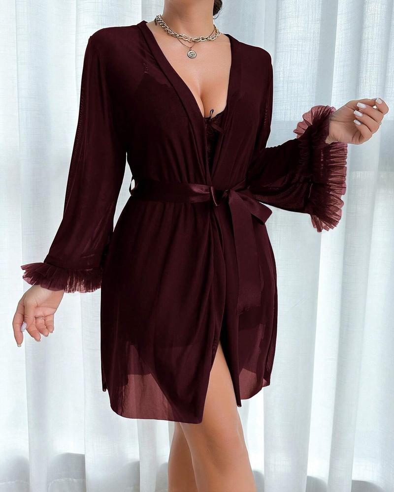 Lace Cami Nightgown with Floral Lace Trim & Sheer Robe with Wide Sleeves