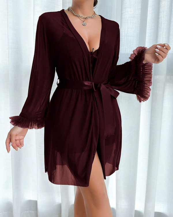 Lace Cami Nightgown with Floral Lace Trim & Sheer Robe with Wide Sleeves