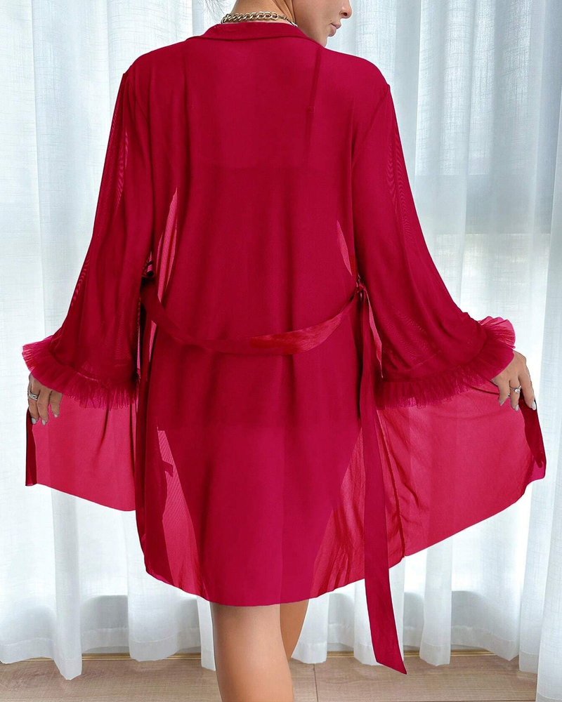 Lace Cami Nightgown with Floral Lace Trim & Sheer Robe with Wide Sleeves