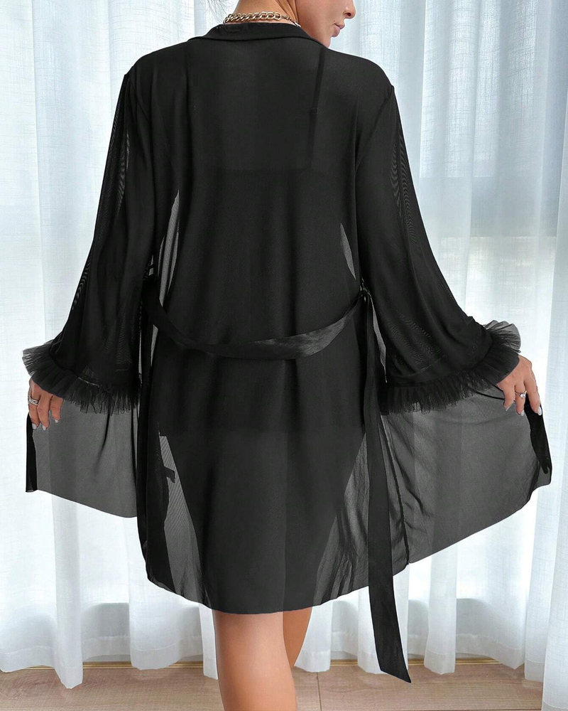 Lace Cami Nightgown with Floral Lace Trim & Sheer Robe with Wide Sleeves
