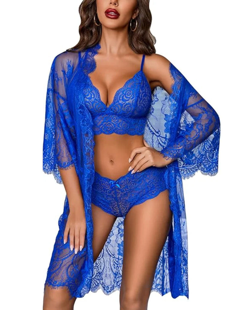 Women's 3-Piece Lace Lingerie Set with Robe – Seductive Bra, Panty & Nightwear