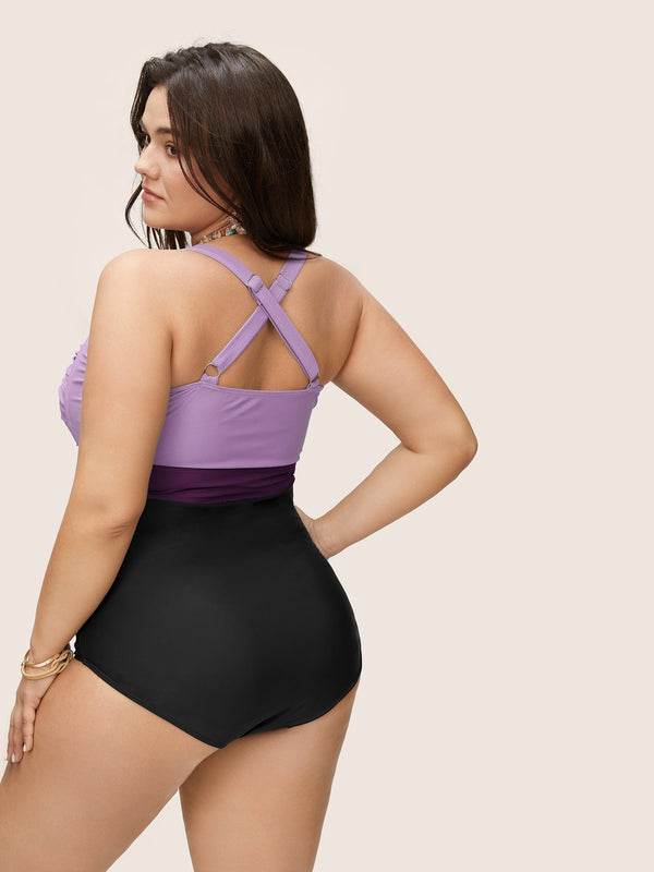 Figure-Flattering Contrast Twist-Front One-Piece Swimsuit with Tummy Control