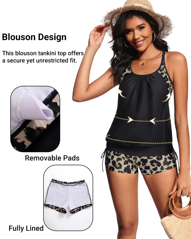 Flattering Two-Piece Blouson Tankini Swimsuit with Boyshorts