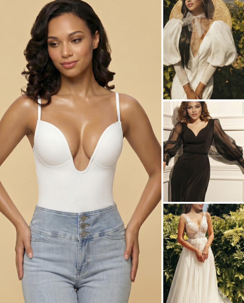 Women's U-Plunge Strapless Bodysuit Shapewear with Tummy Control, Built-In Bra and Low Back