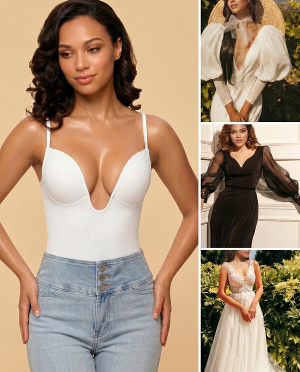 Women's U-Plunge Strapless Bodysuit Shapewear with Tummy Control, Built-In Bra and Low Back