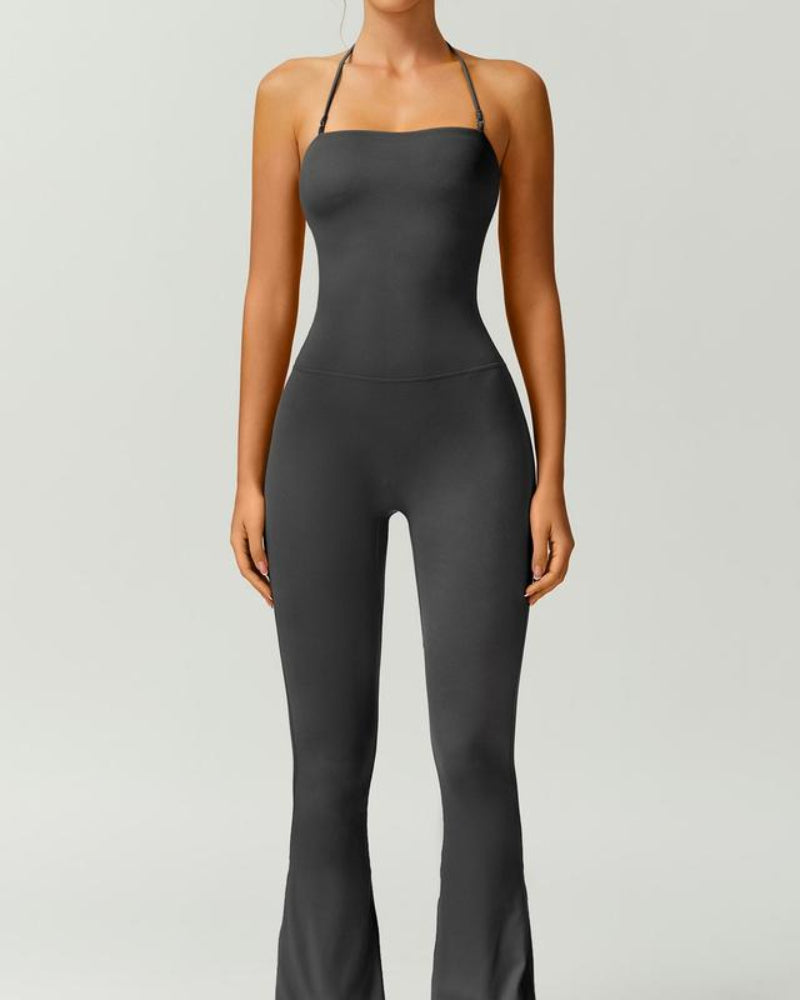 Women's Halter-Neck Bodycon Jumpsuit with Flare Legs – Ultra-Stretch, Butt-Lifting Activewear for a Sleek Silhouette