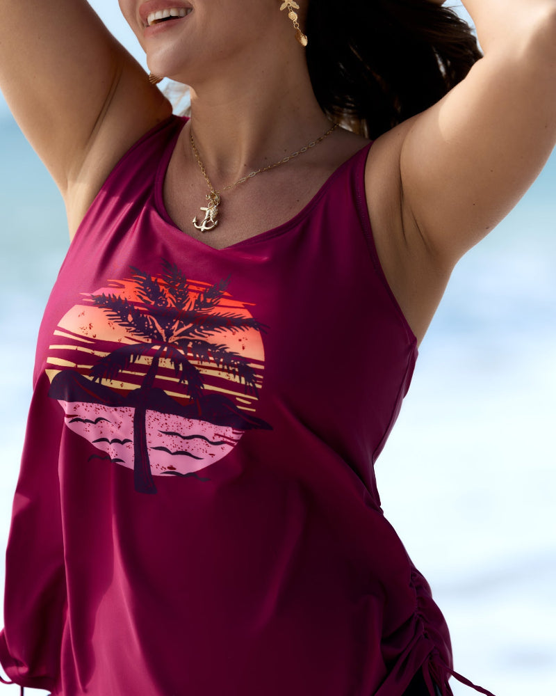 Vibrant Island-Print Adjustable Drawstring Swim Top