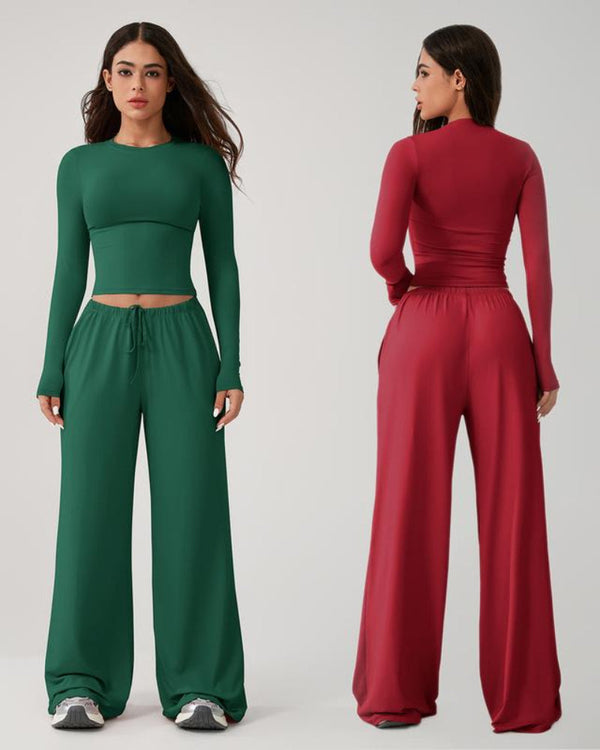 Women's 2-Piece Activewear Set: Long-Sleeve Crop Top + Wide-Leg Pants — Ultra-Stretchy Yoga, Workout & Running Wear