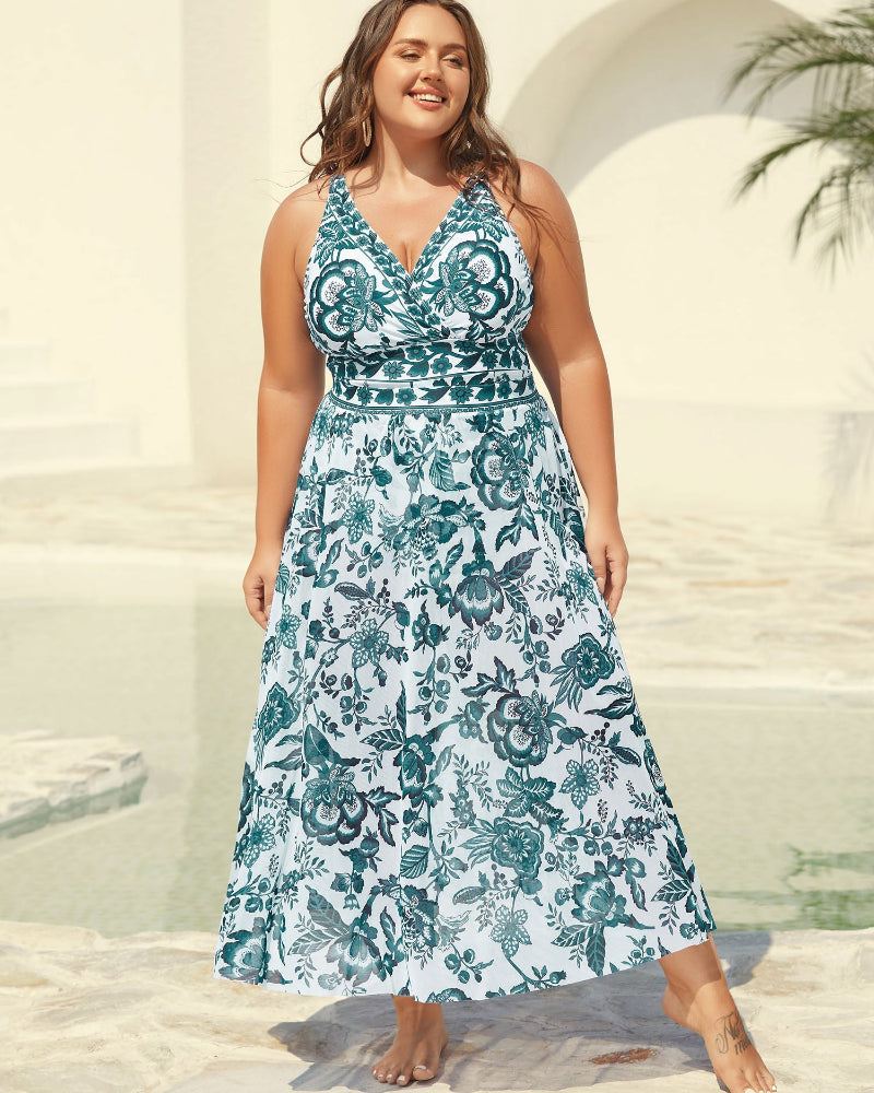Two-Piece Floral Print Ruched Mesh Swimsuit, Sarong