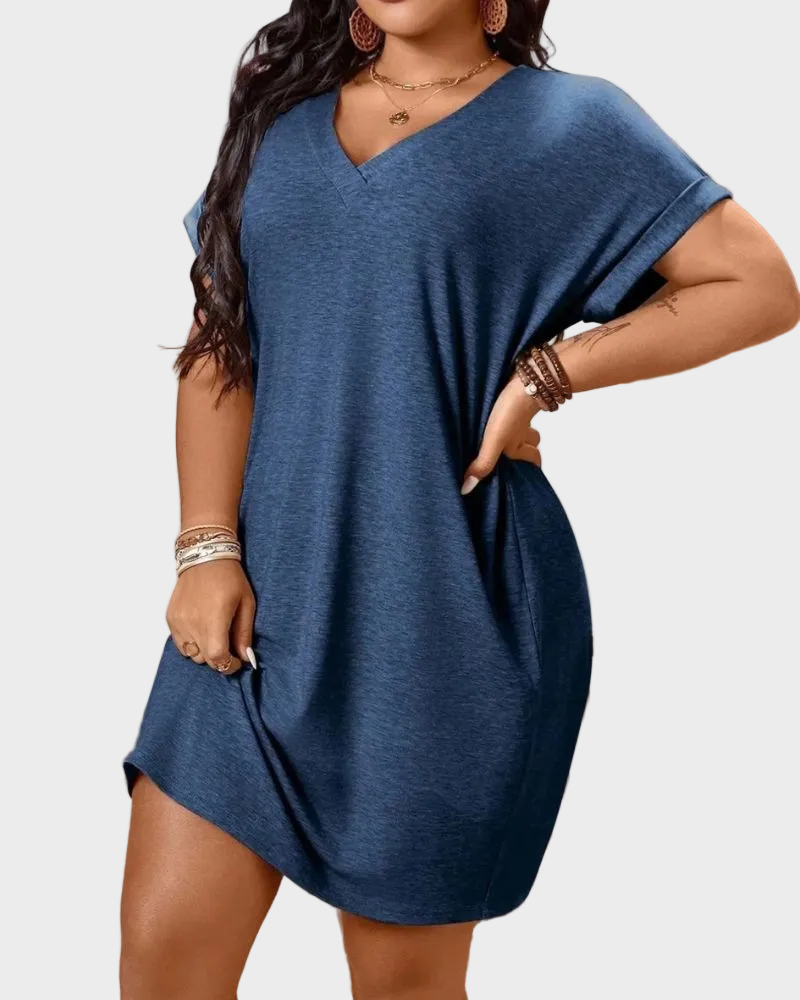 Chic Plus-Size V-Neck Batwing Sleeve T-Shirt Dress