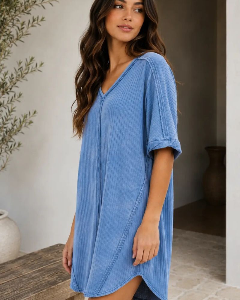 Ribbed Acid-Wash V-Neck Oversized Casual Dress — Effortless Everyday Style