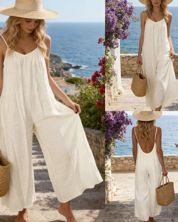 Chic Strappy Backless Wide-Leg Jumpsuit with Pockets