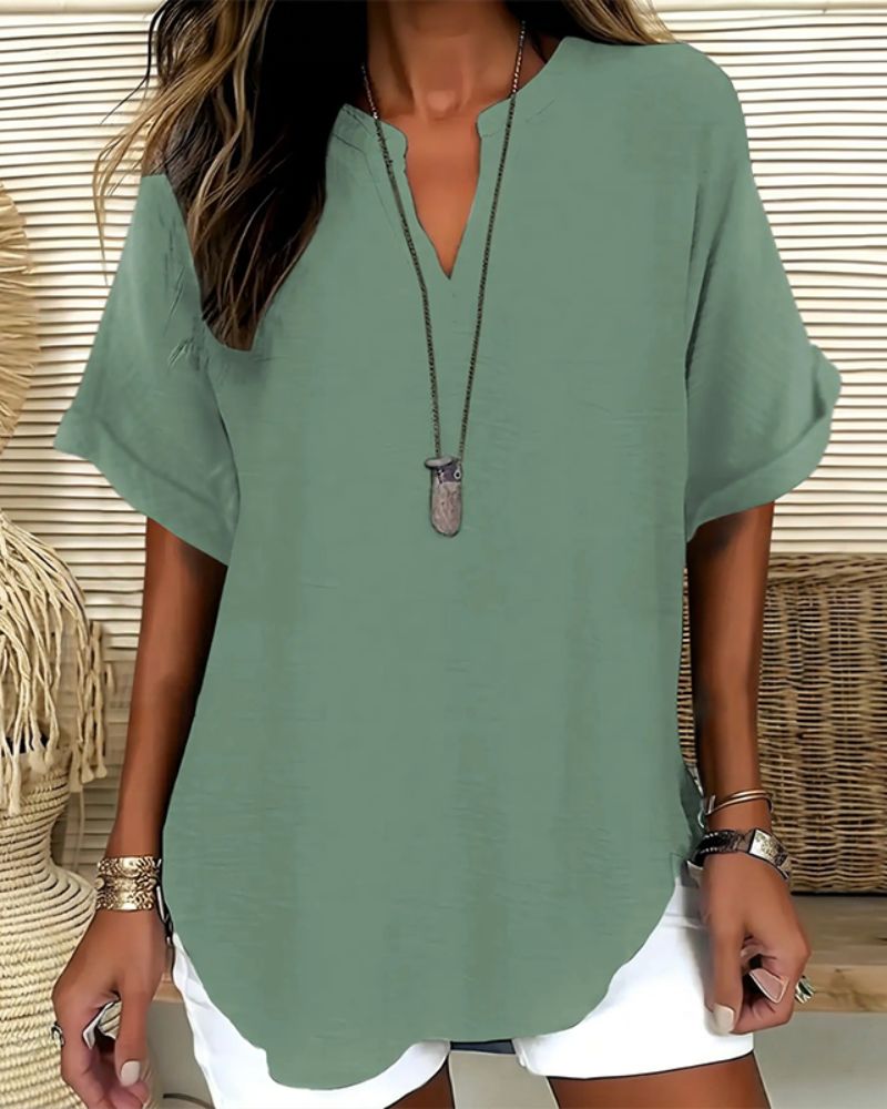 Effortless V-Neck Relaxed-Fit Short-Sleeve Blouse