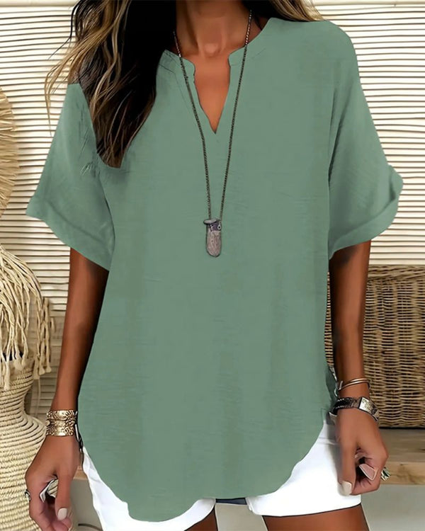 Effortless V-Neck Relaxed-Fit Short-Sleeve Blouse