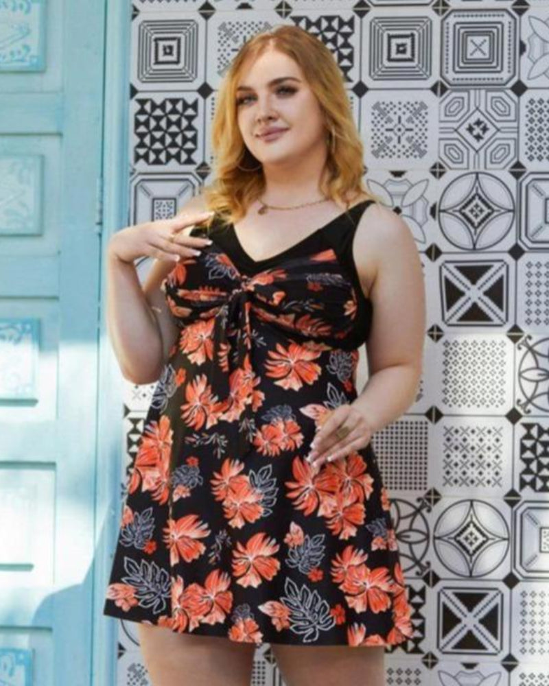 Plus Size Women's Two-Piece Swim Dress with Tummy Control - Floral Print Tankini Swimsuit Set with Boyshort Bottoms