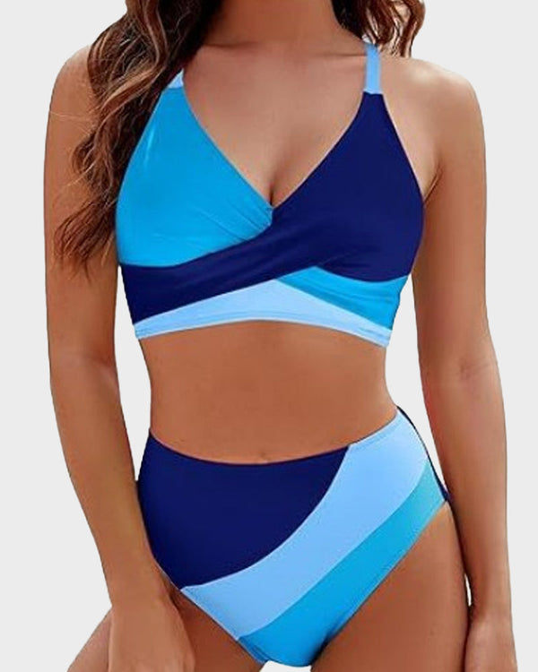 Color-Block Crisscross Lace-Back Bikini Set