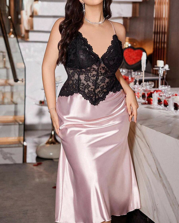 Sultry Plus-Size Satin Lace Slip Nightgown