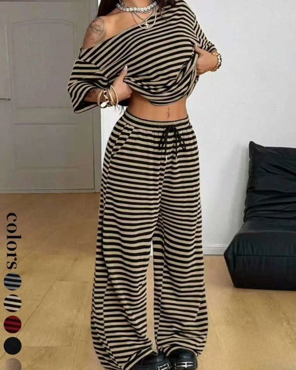 Chic Striped Off-Shoulder Two-Piece Set with Wide-Leg Pants