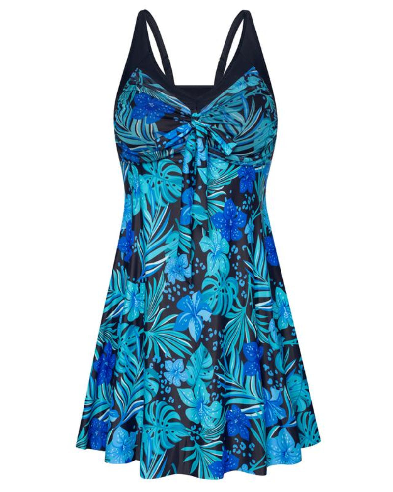 Plus Size Women's Two-Piece Swim Dress with Tummy Control - Floral Print Tankini Swimsuit Set with Boyshort Bottoms