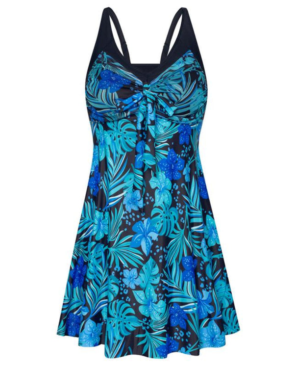 Plus Size Women's Two-Piece Swim Dress with Tummy Control - Floral Print Tankini Swimsuit Set with Boyshort Bottoms