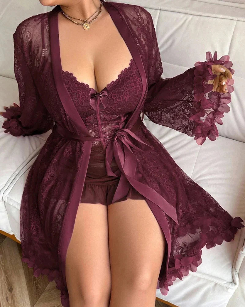 Plus-Size Lace Cami Nightgown Set with Floral Lace Trim and Sheer Robe with Wide Sleeves