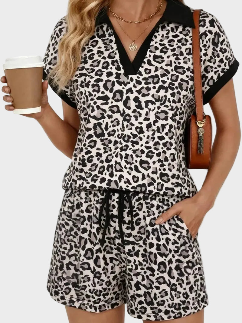 Leopard Print V-Neck Cap-Sleeve 2-Piece Lounge Set - Ultra-Soft Comfort & Effortless Style