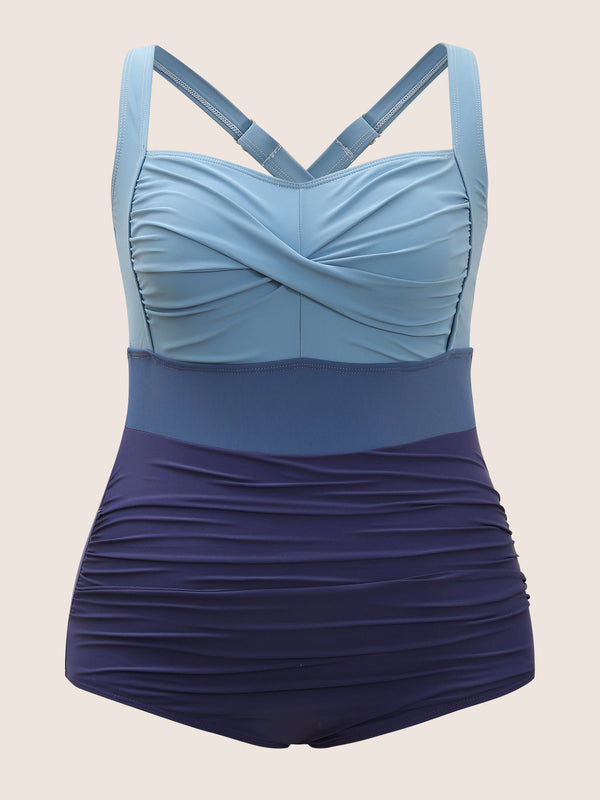 Figure-Flattering Contrast Twist-Front One-Piece Swimsuit with Tummy Control