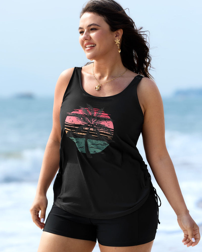 Vibrant Island-Print Adjustable Drawstring Swim Top