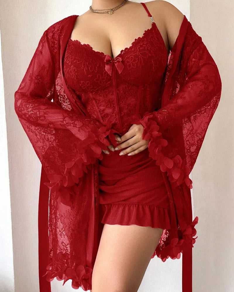 Plus-Size Lace Cami Nightgown Set with Floral Lace Trim and Sheer Robe with Wide Sleeves