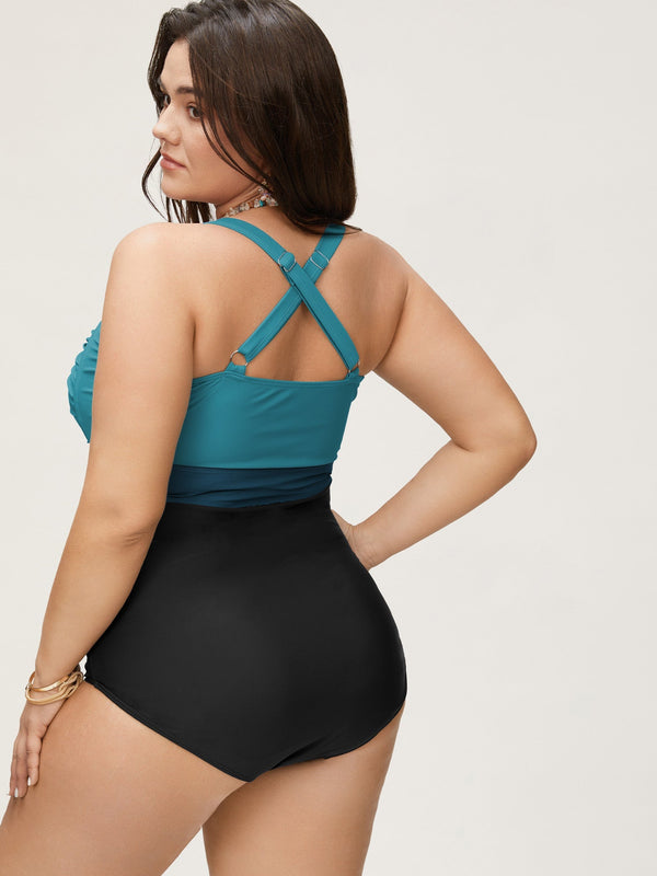 Figure-Flattering Contrast Twist-Front One-Piece Swimsuit with Tummy Control