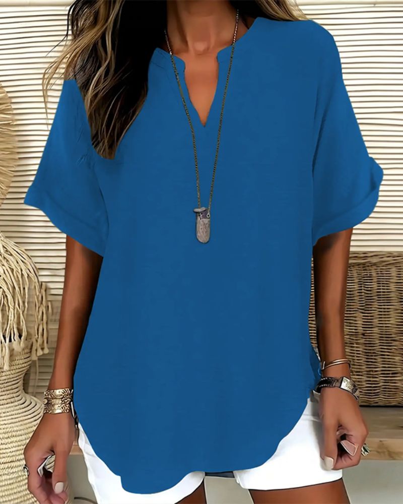 Effortless V-Neck Relaxed-Fit Short-Sleeve Blouse