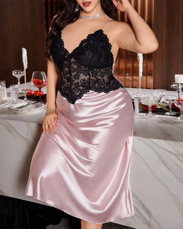 Sultry Plus-Size Satin Lace Slip Nightgown